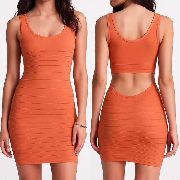 bebe Dresses & Skirts - Bebe Back Cutout Shine Bodycon Dress Salmon Small NWT